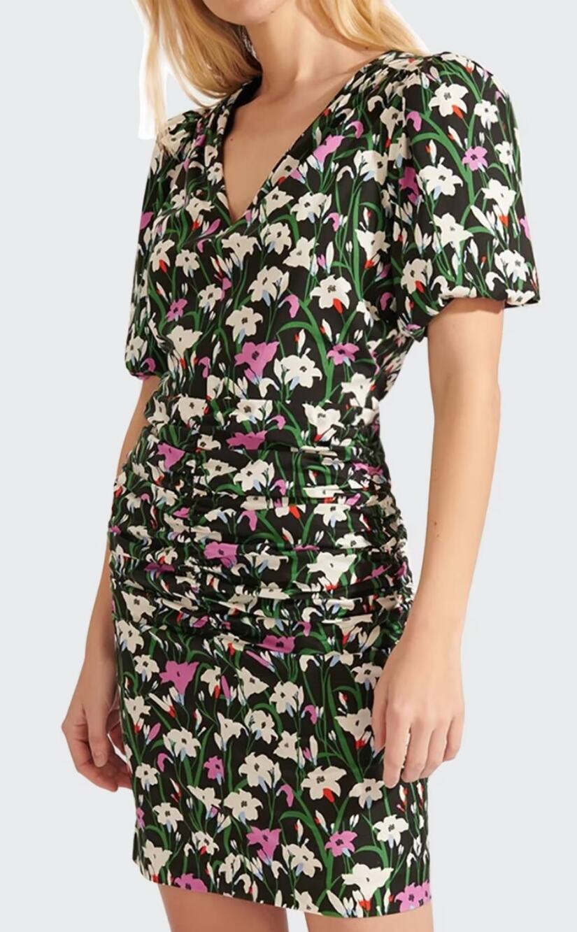 Veronica Beard Janis Dress Floral Ruched Short Sleeve Black
